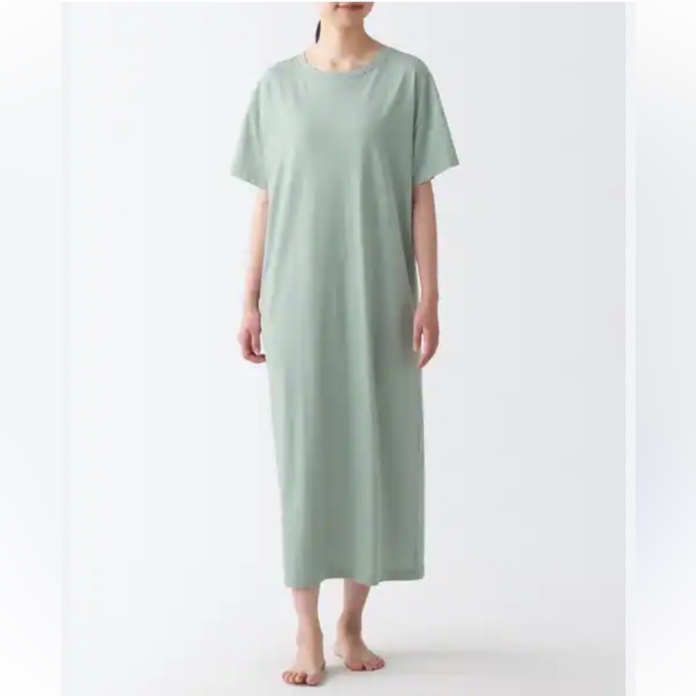NWT Japanese Muji Sage Green Short Sleeve Maxi T-Shirt Dress Cotton Rayon Small